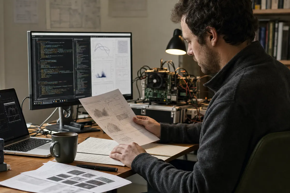 A computational researcher compares a paper with code, experiment output, and a computing test setup.