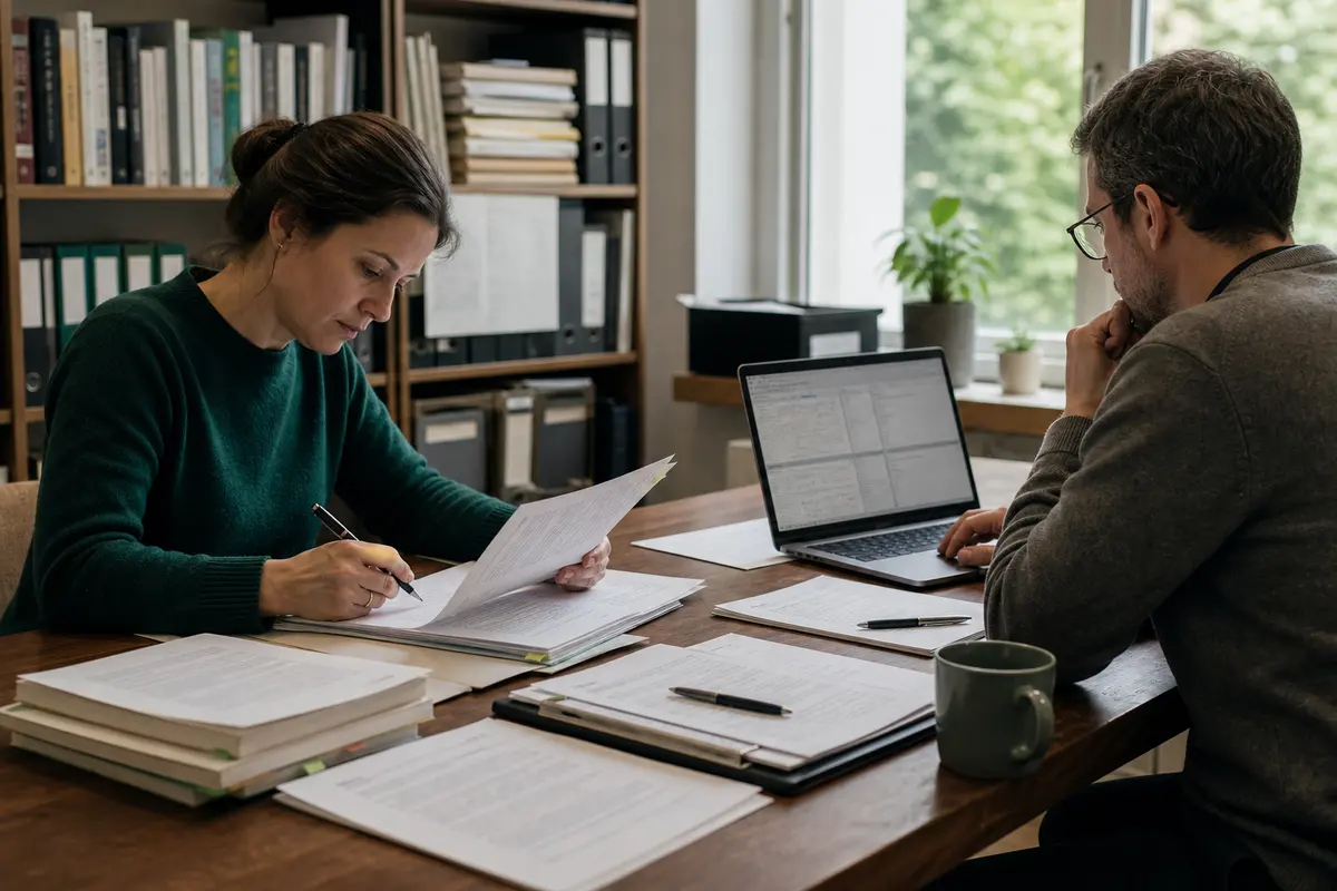 Two research evaluators cross-check a technical report against computational evidence.