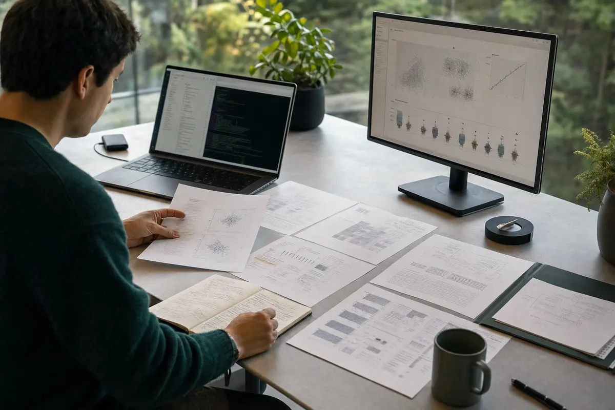 A computational researcher compares a paper, repository, execution notes, and result plots.
