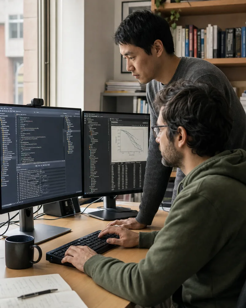 Two computational researchers reviewing source code, execution logs, and an experiment plot at a workstation