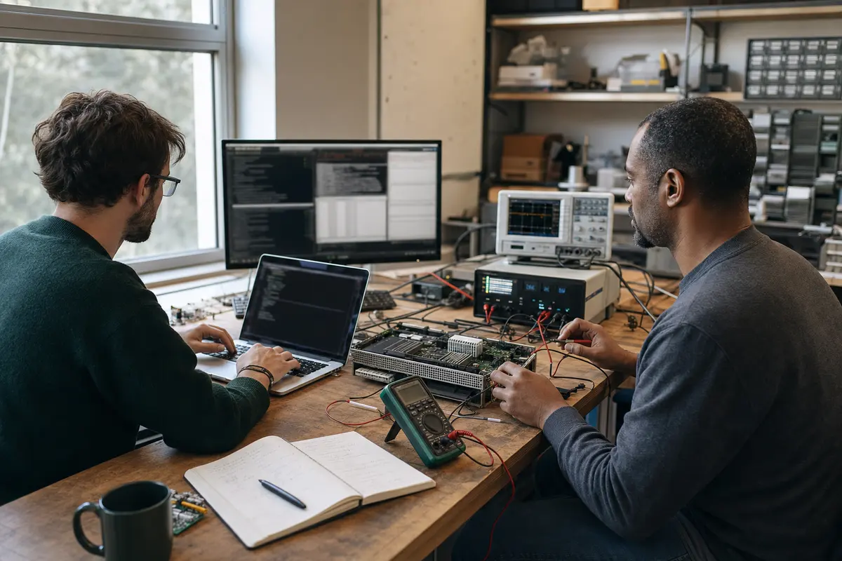 Two technical evaluators test computing hardware with measurement equipment and execution logs.
