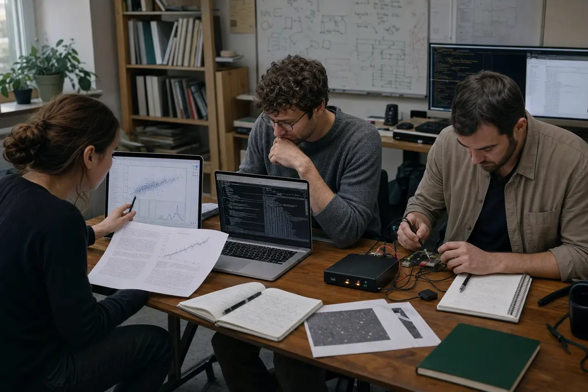 Three computational researchers compare a manuscript, repository output, and a computing test setup.