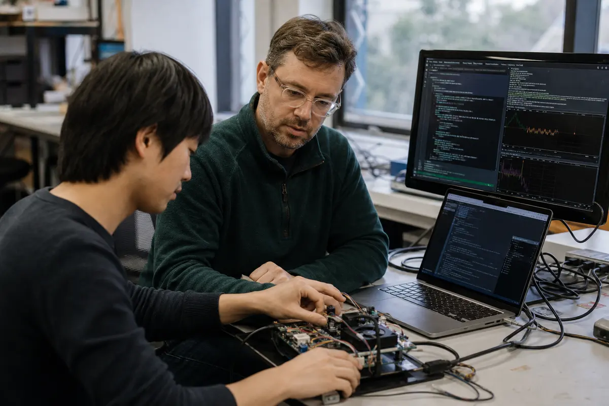 A technical evaluator and research engineer test a computing prototype at a workbench.